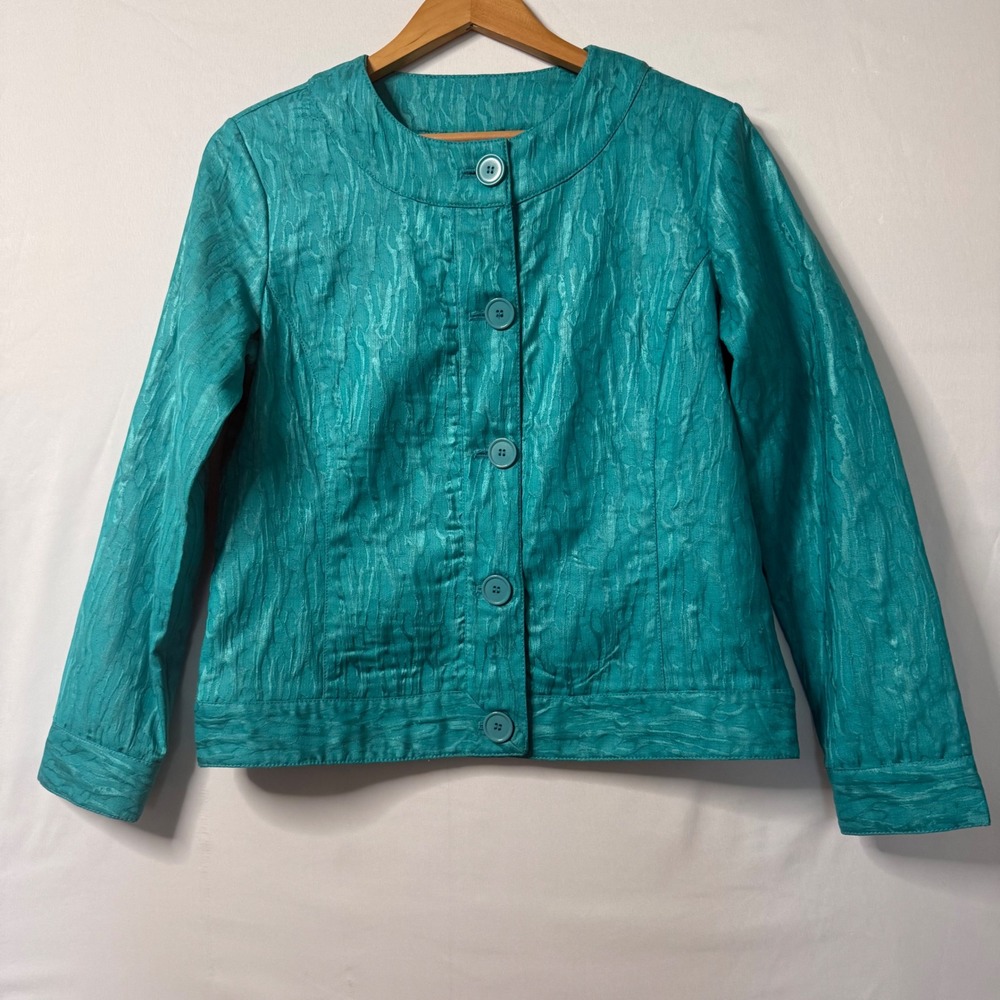 Chico's Womens Size 0 Teal Textured Jacquard Jacket Button Front Y2K Retro